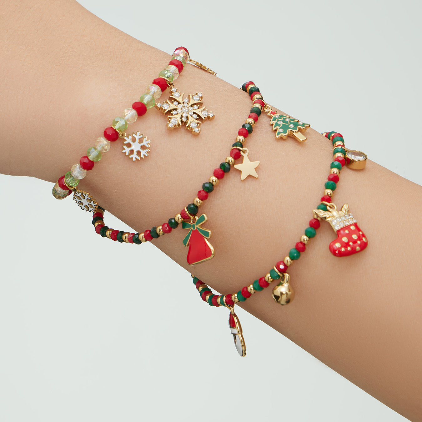 Holiday beaded bracelets worn on wrist holiday styling