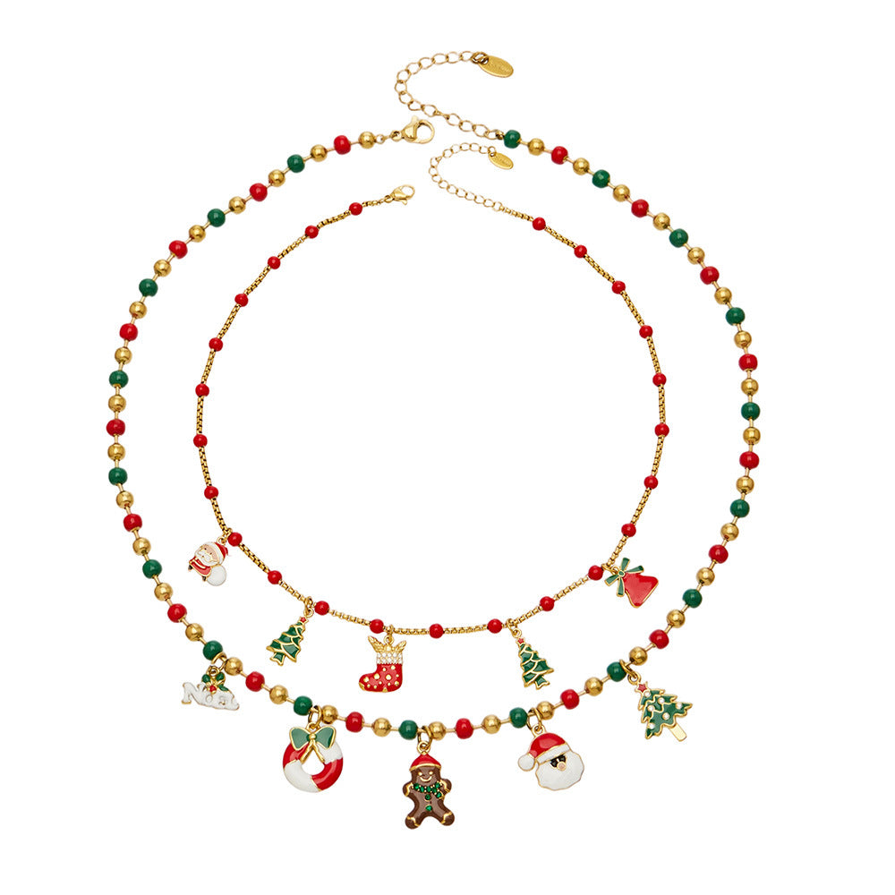 Comparison flat lay of P871 and P872 316L stainless steel Christmas beaded charm necklaces