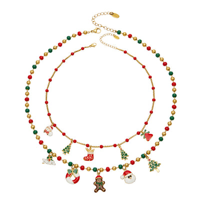 Comparison flat lay of P871 and P872 316L stainless steel Christmas beaded charm necklaces