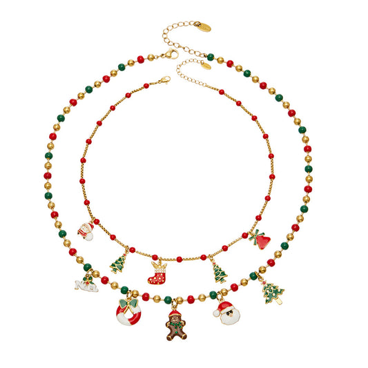 Comparison flat lay of P871 and P872 316L stainless steel Christmas beaded charm necklaces