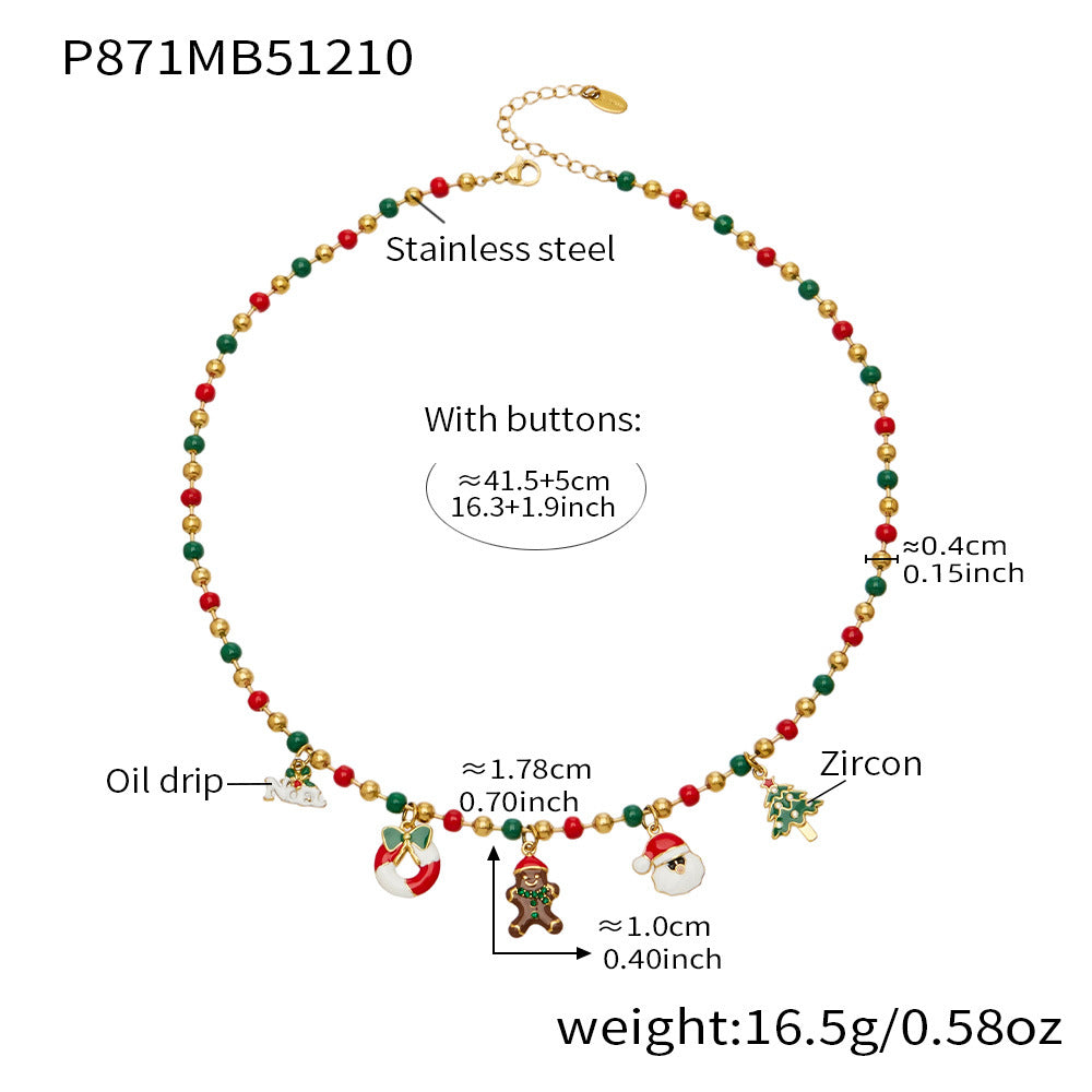 P871 Christmas beaded charm necklace size and weight diagram, 41+5cm, enamel holiday charms and zircon