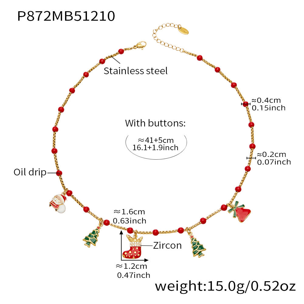 P872 Christmas beaded charm necklace size and weight diagram, 41+5cm, zircon and enamel pendants