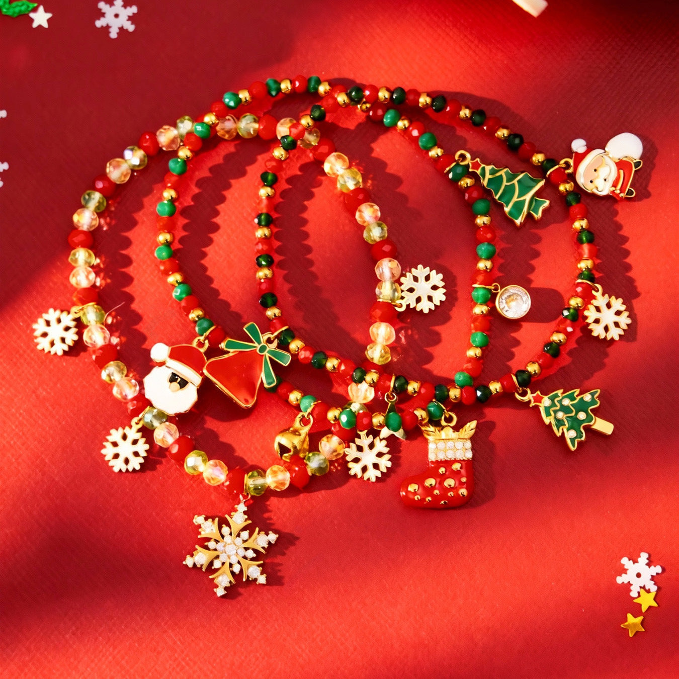 Flat lay holiday bracelets red background