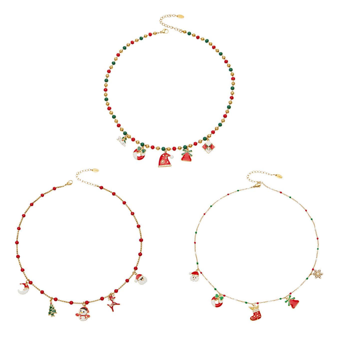Three styles of 316L stainless steel Christmas charm beaded necklaces shown together for wholesale selection