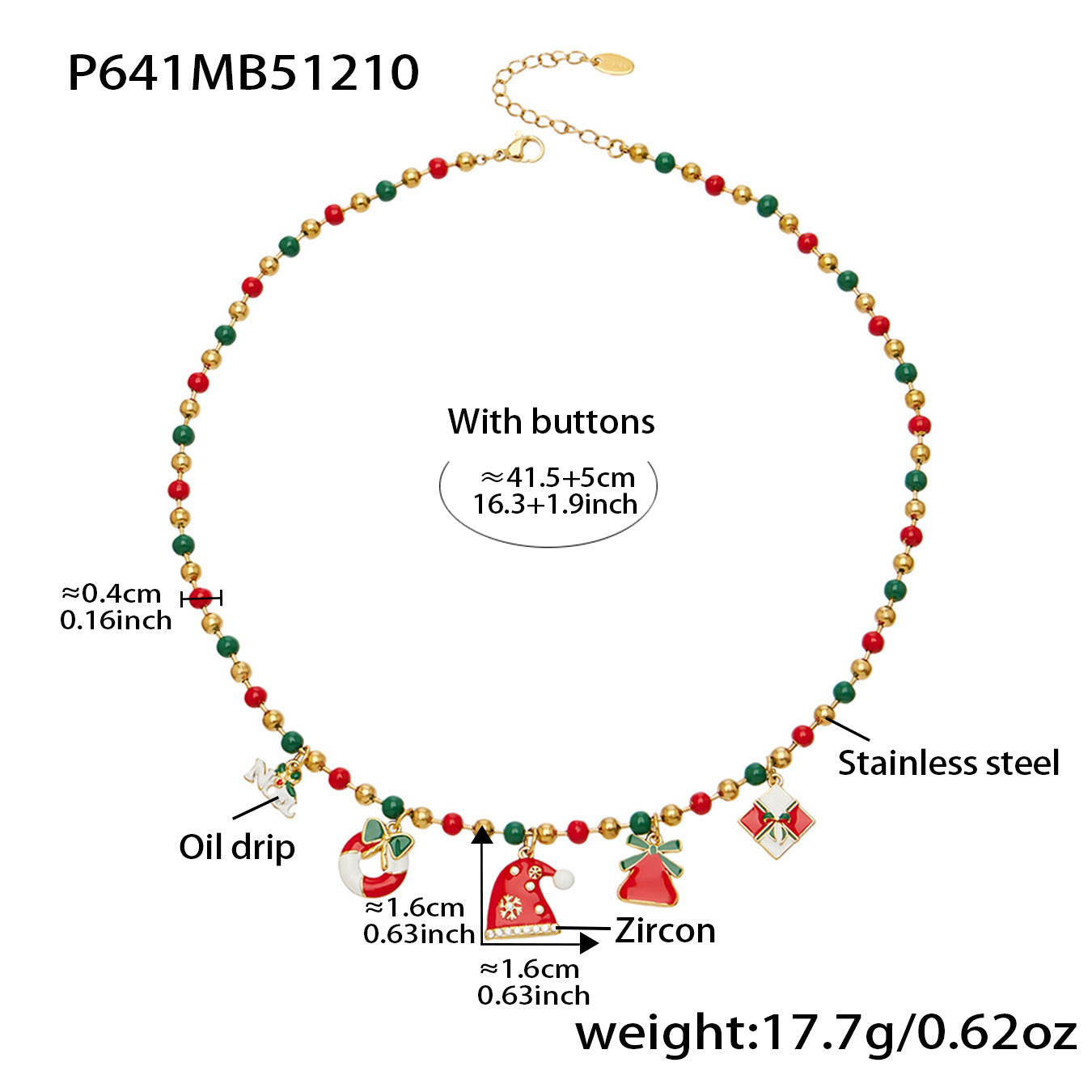 316L stainless steel Christmas charm beaded necklace size chart P641, red green beads, enamel charms, zircon details