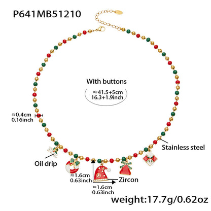 316L stainless steel Christmas charm beaded necklace size chart P641, red green beads, enamel charms, zircon details