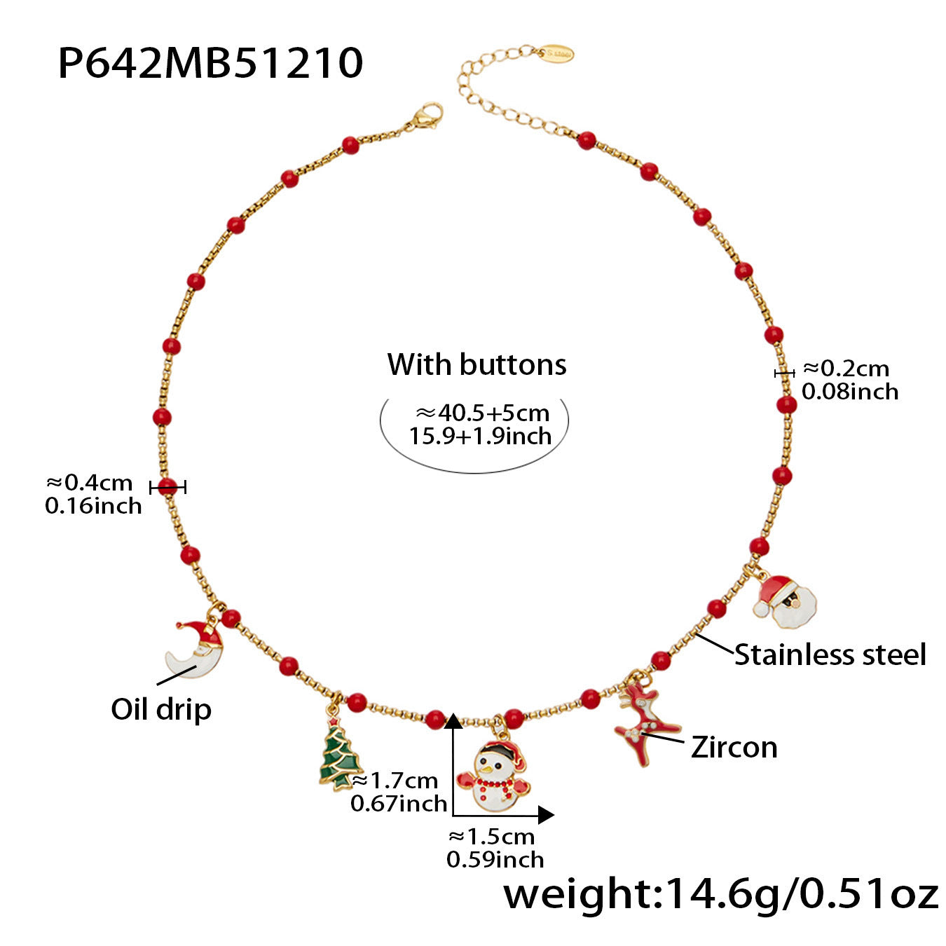 316L stainless steel Christmas charm beaded necklace size chart P642 with red beads, snowman tree reindeer charms