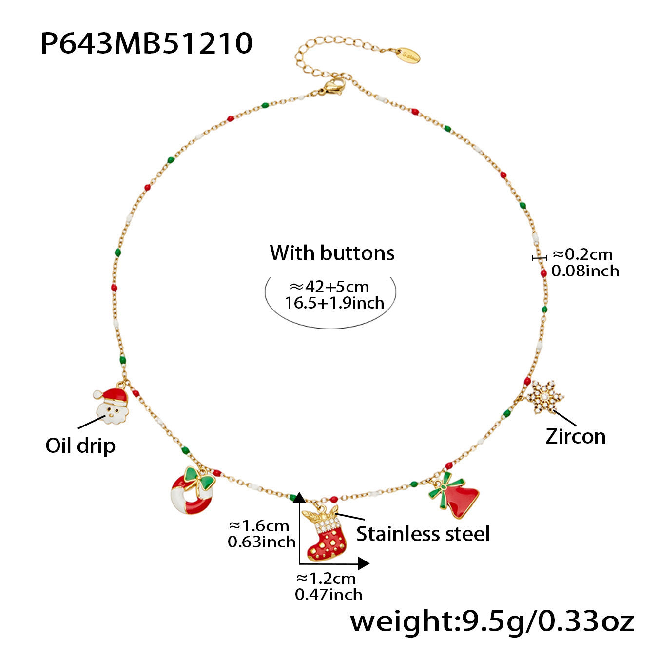 316L stainless steel Christmas charm beaded necklace size chart P643, dainty beads, snowflake zircon charm, stocking charm