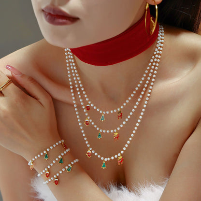316L Stainless Steel Christmas Lucky Deer & Shell Pearl Charm Necklace & Bracelet Set - Image 1
