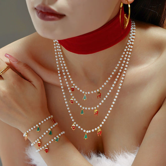 316L Stainless Steel Christmas Lucky Deer & Shell Pearl Charm Necklace & Bracelet Set - Image 1