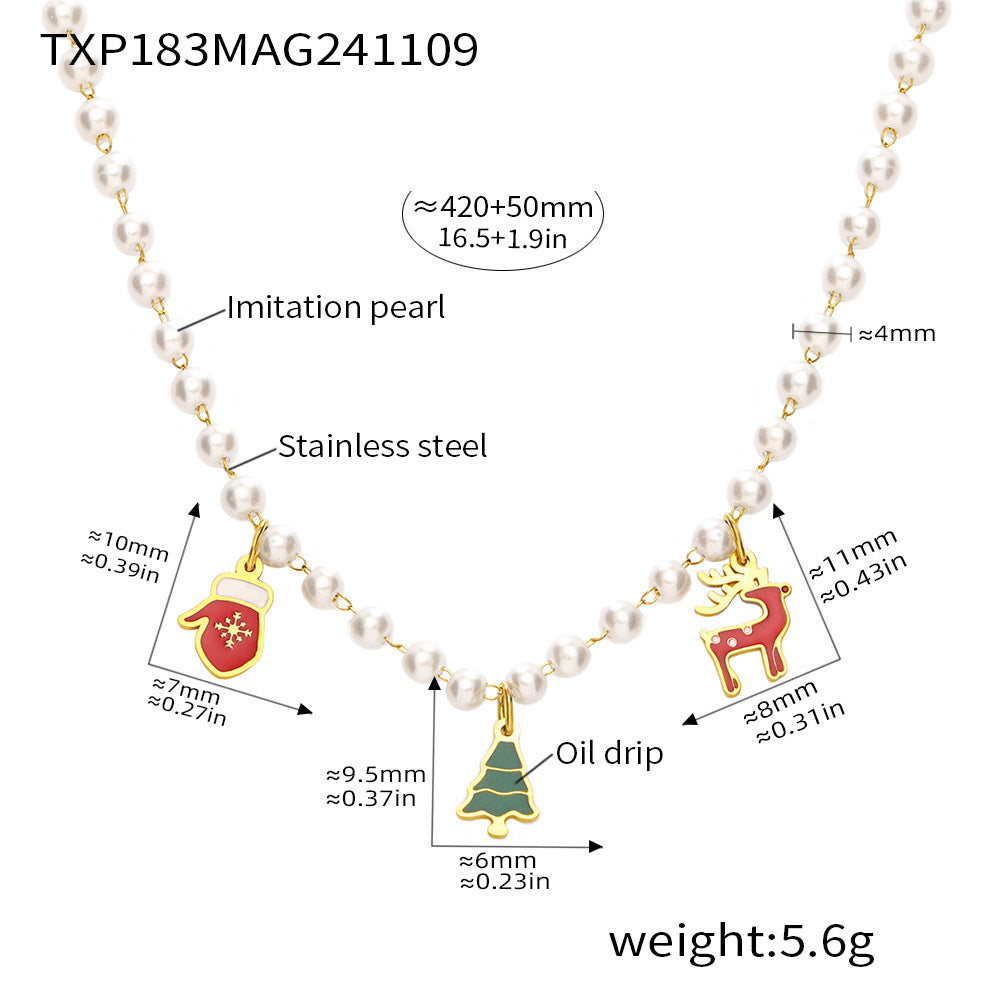 316L Stainless Steel Christmas Lucky Deer & Shell Pearl Charm Necklace & Bracelet Set - Image 2