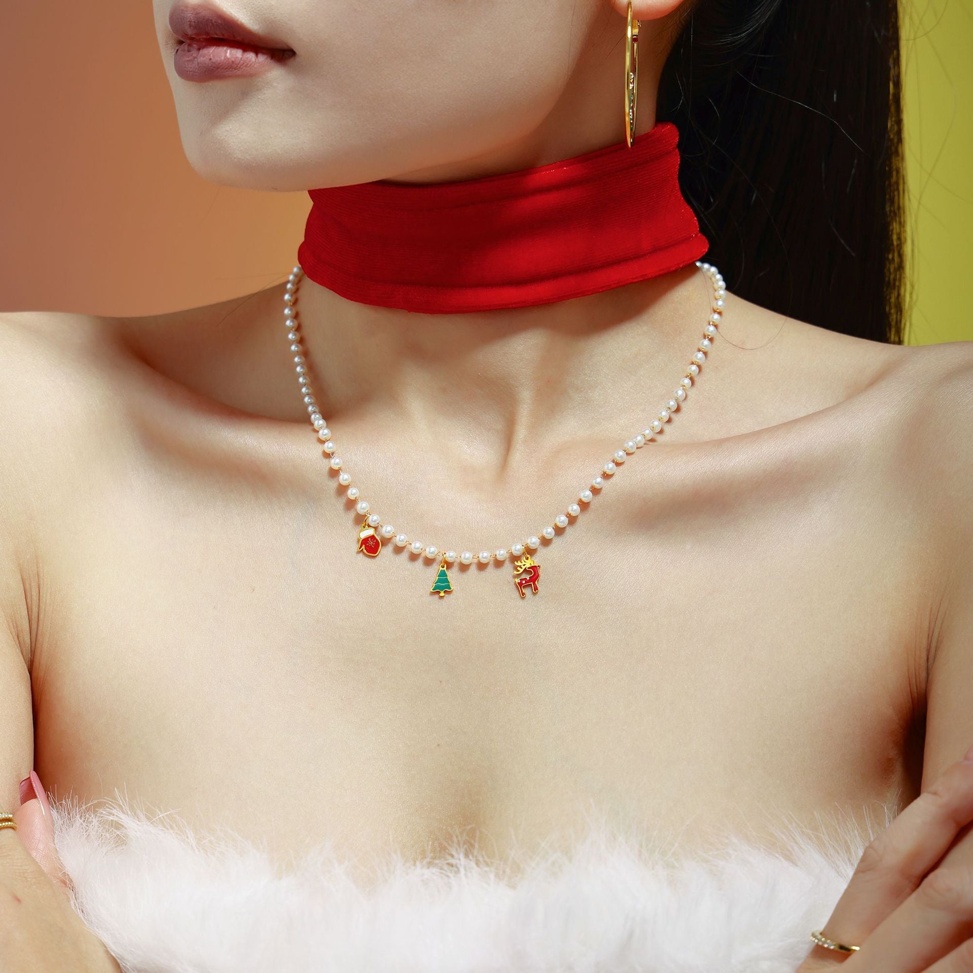 316L Stainless Steel Christmas Lucky Deer & Shell Pearl Charm Necklace & Bracelet Set - Image 4