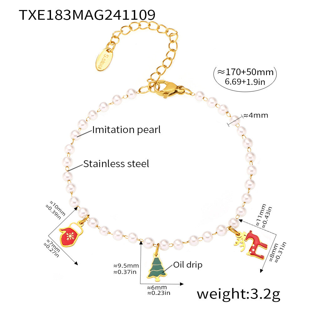 316L Stainless Steel Christmas Lucky Deer & Shell Pearl Charm Necklace & Bracelet Set - Image 5