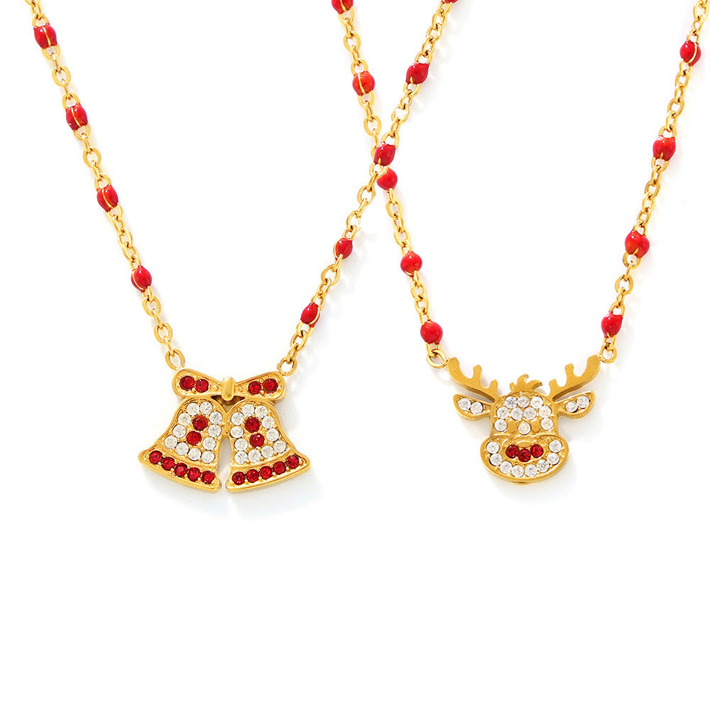 316L Stainless Steel Christmas Reindeer & Bell Zircon Necklace - Image 3