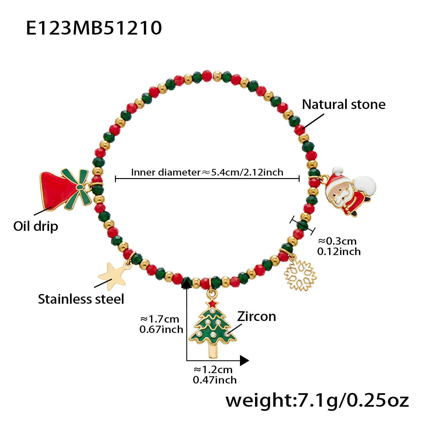 316L stainless steel Christmas tree charm beaded bracelet with red and green crystals and CZ accents