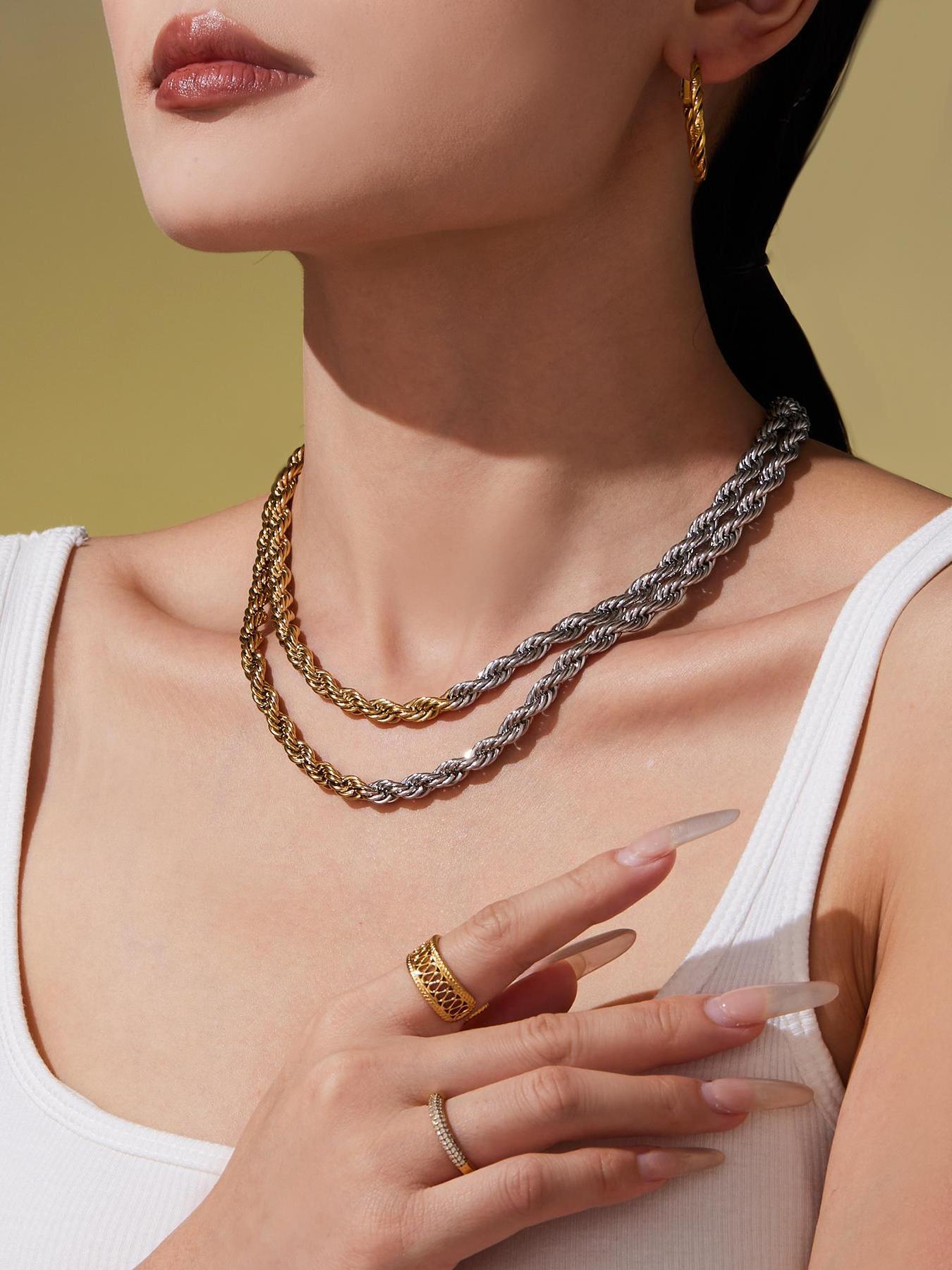 316L Stainless Steel Chunky Two-Tone PVD Gold Plated Twisted Chain Necklace - Image 12