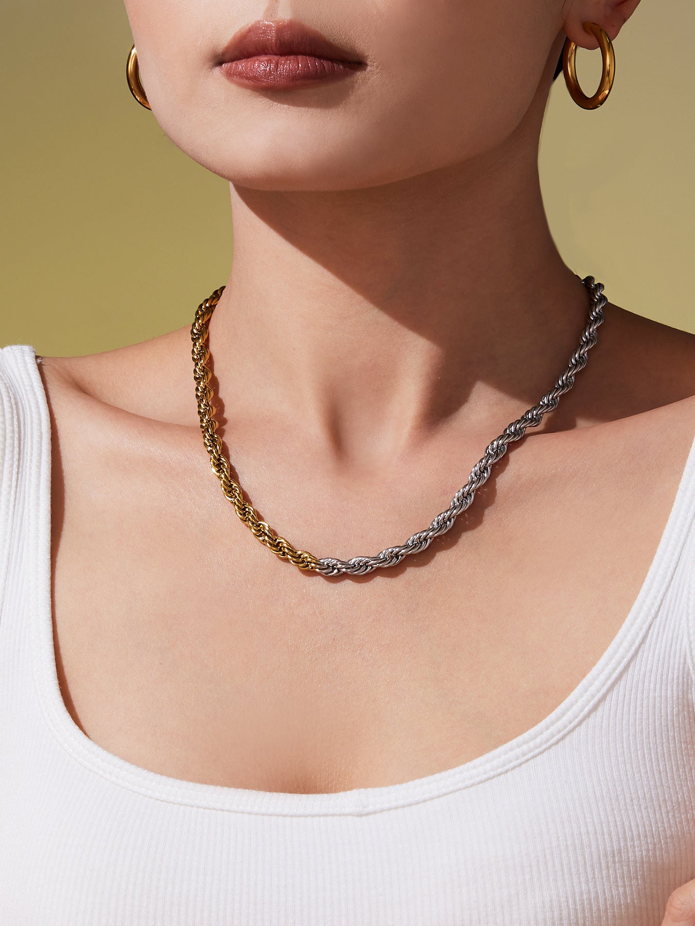 316L Stainless Steel Chunky Two-Tone PVD Gold Plated Twisted Chain Necklace - Image 4