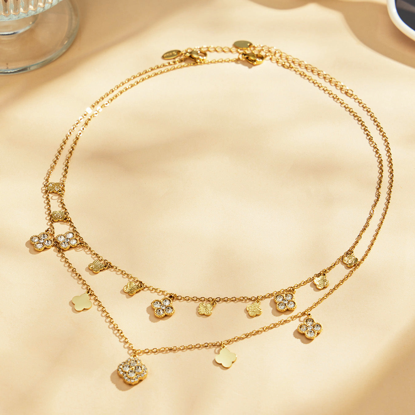 316L Stainless Steel 18K PVD Gold Clover Zircon Necklace and Bracelet Set made with 316L stainless steel and 18K PVD gold finish for wholesale jewelry buyers - image 21