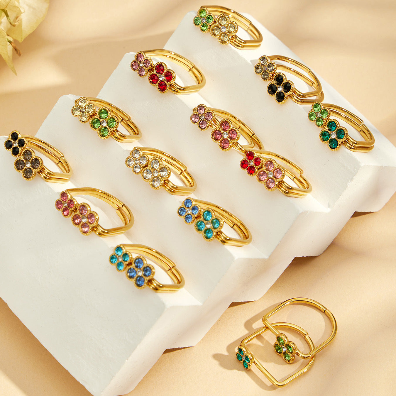 316L Stainless Steel 18K PVD Gold Clover Zircon Ring made with 316L stainless steel and 18K PVD gold finish for wholesale jewelry buyers - image 21