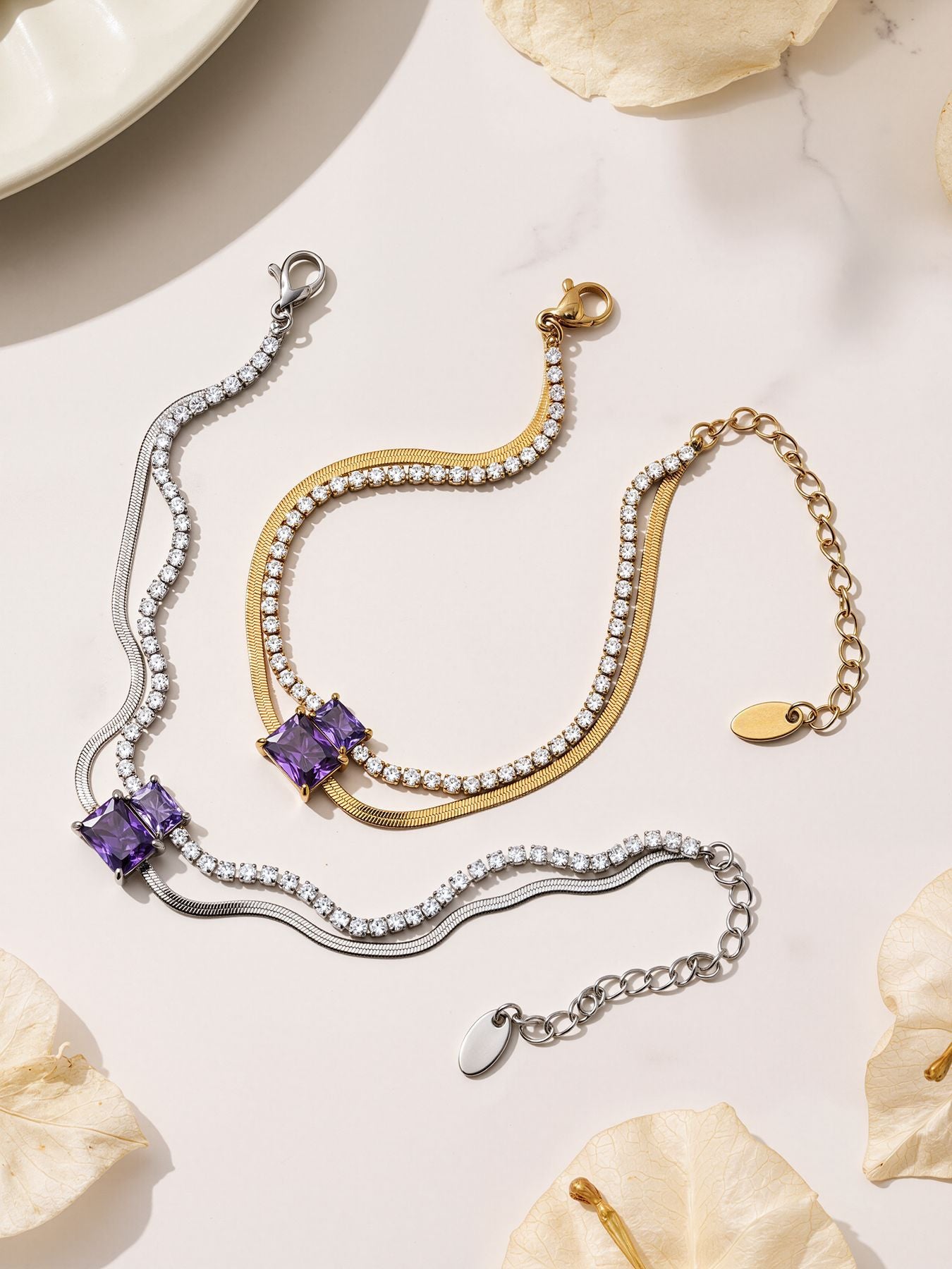 316L Stainless Steel Colorful 2mm Zircon Double Layer Blade Chain Bracelet - Image 11