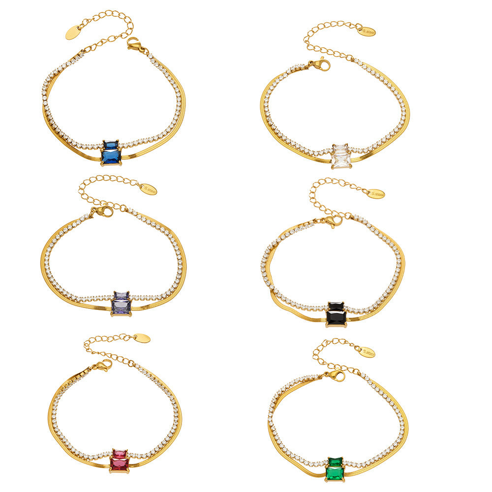 316L Stainless Steel Colorful 2mm Zircon Double Layer Blade Chain Bracelet - Image 12