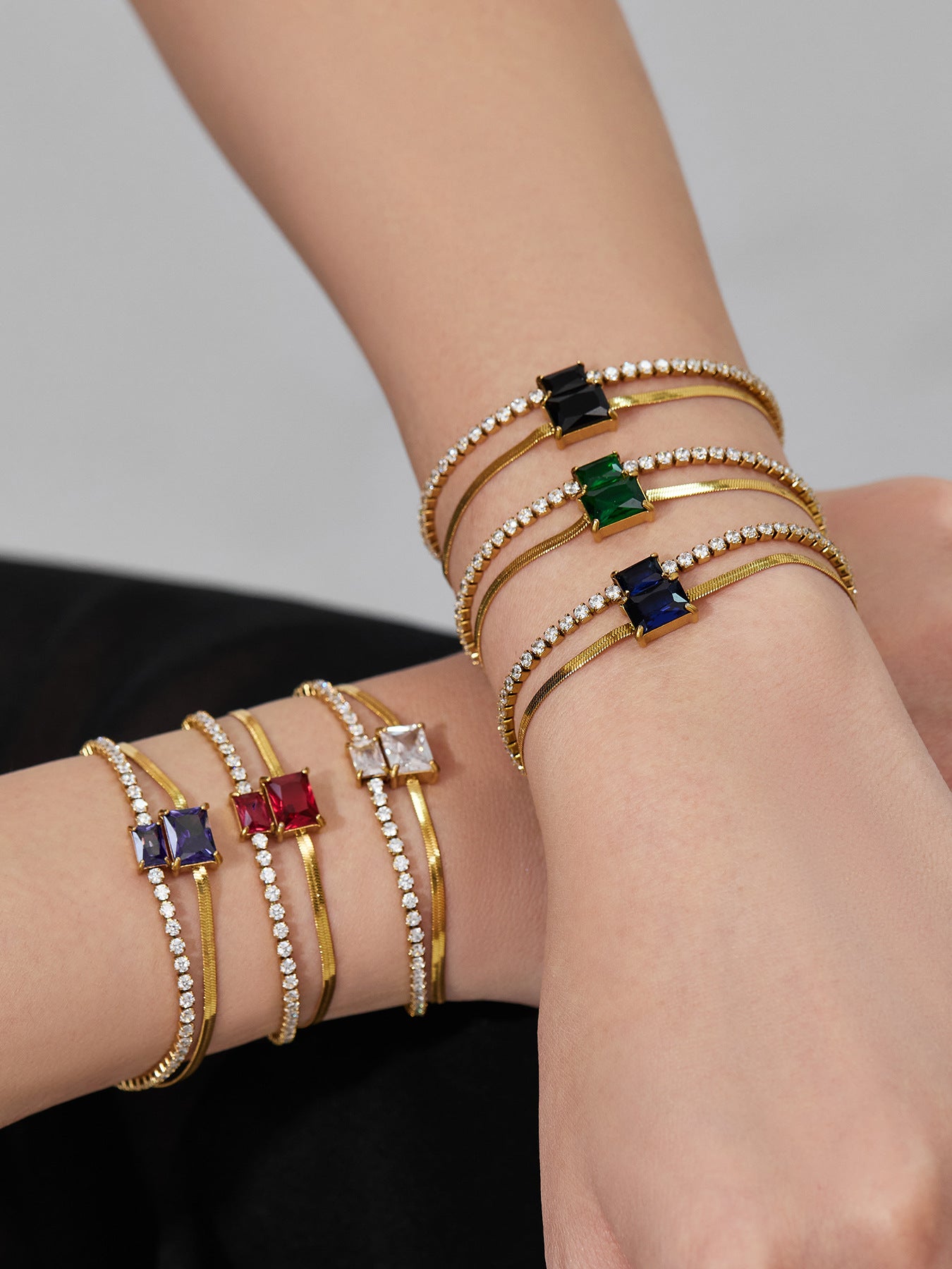 316L Stainless Steel Colorful 2mm Zircon Double Layer Blade Chain Bracelet - Image 17