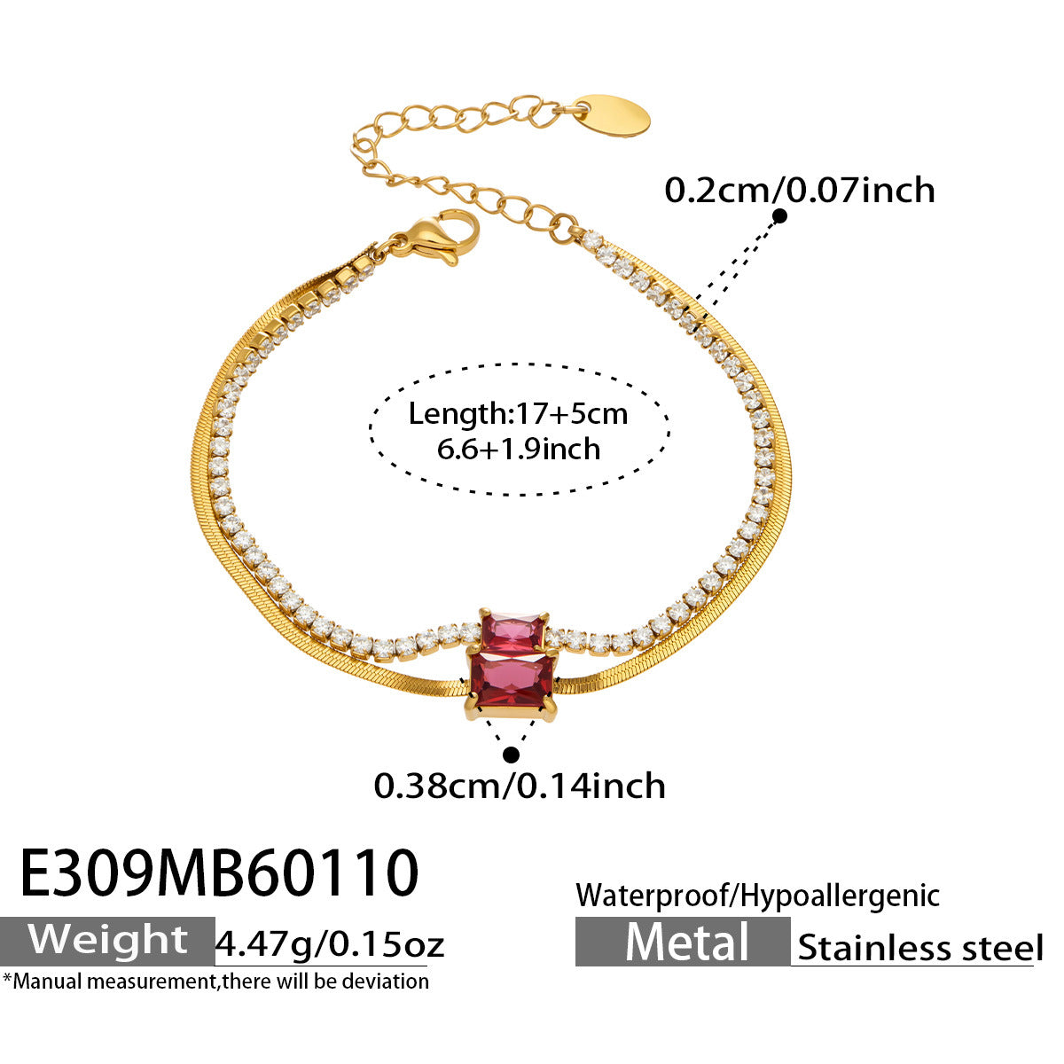 316L Stainless Steel Colorful 2mm Zircon Double Layer Blade Chain Bracelet - Image 18