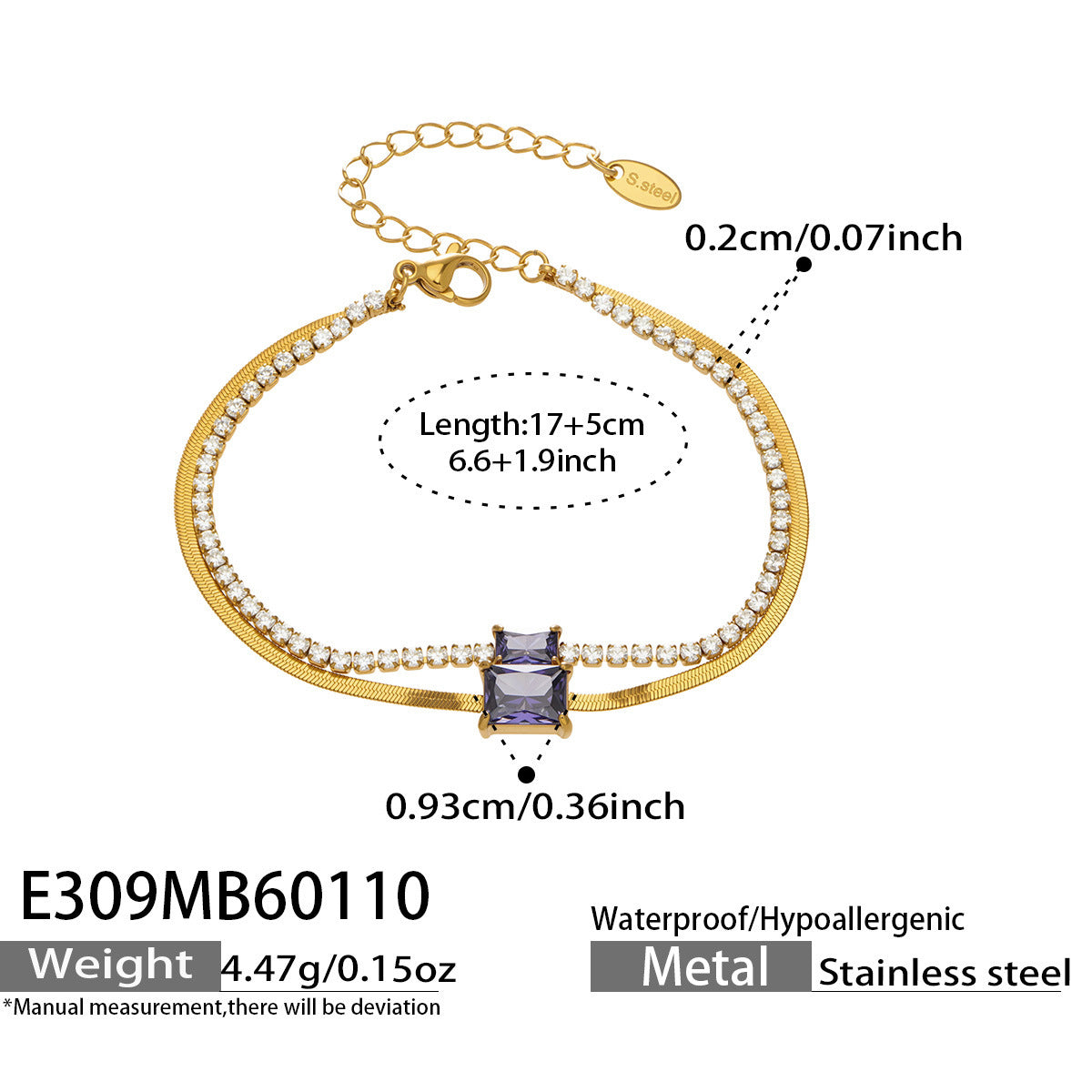 316L Stainless Steel Colorful 2mm Zircon Double Layer Blade Chain Bracelet - Image 2