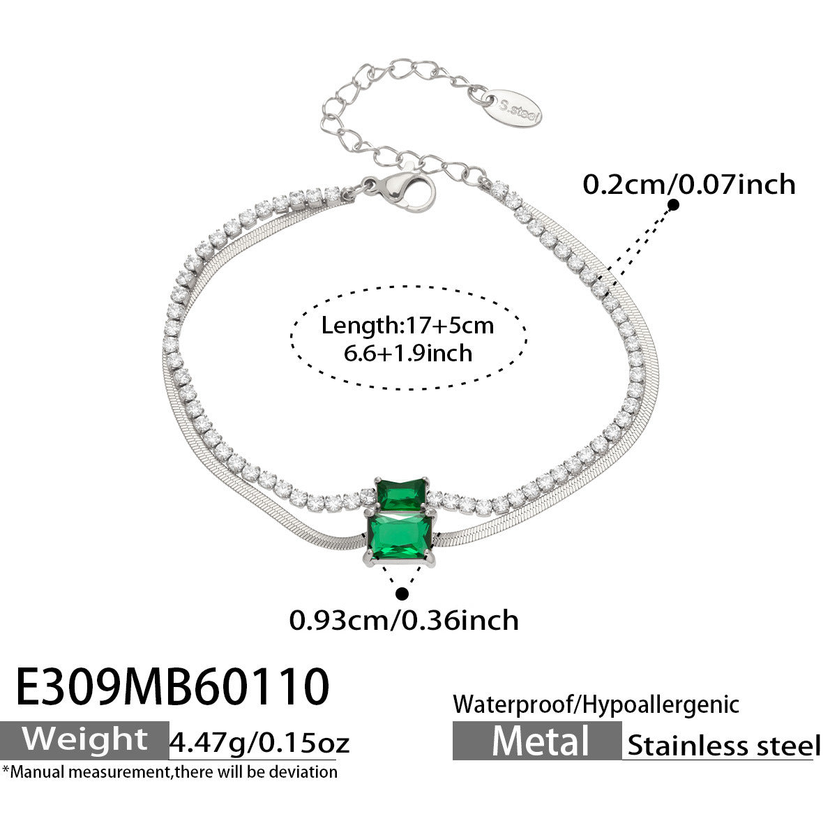 316L Stainless Steel Colorful 2mm Zircon Double Layer Blade Chain Bracelet - Image 4