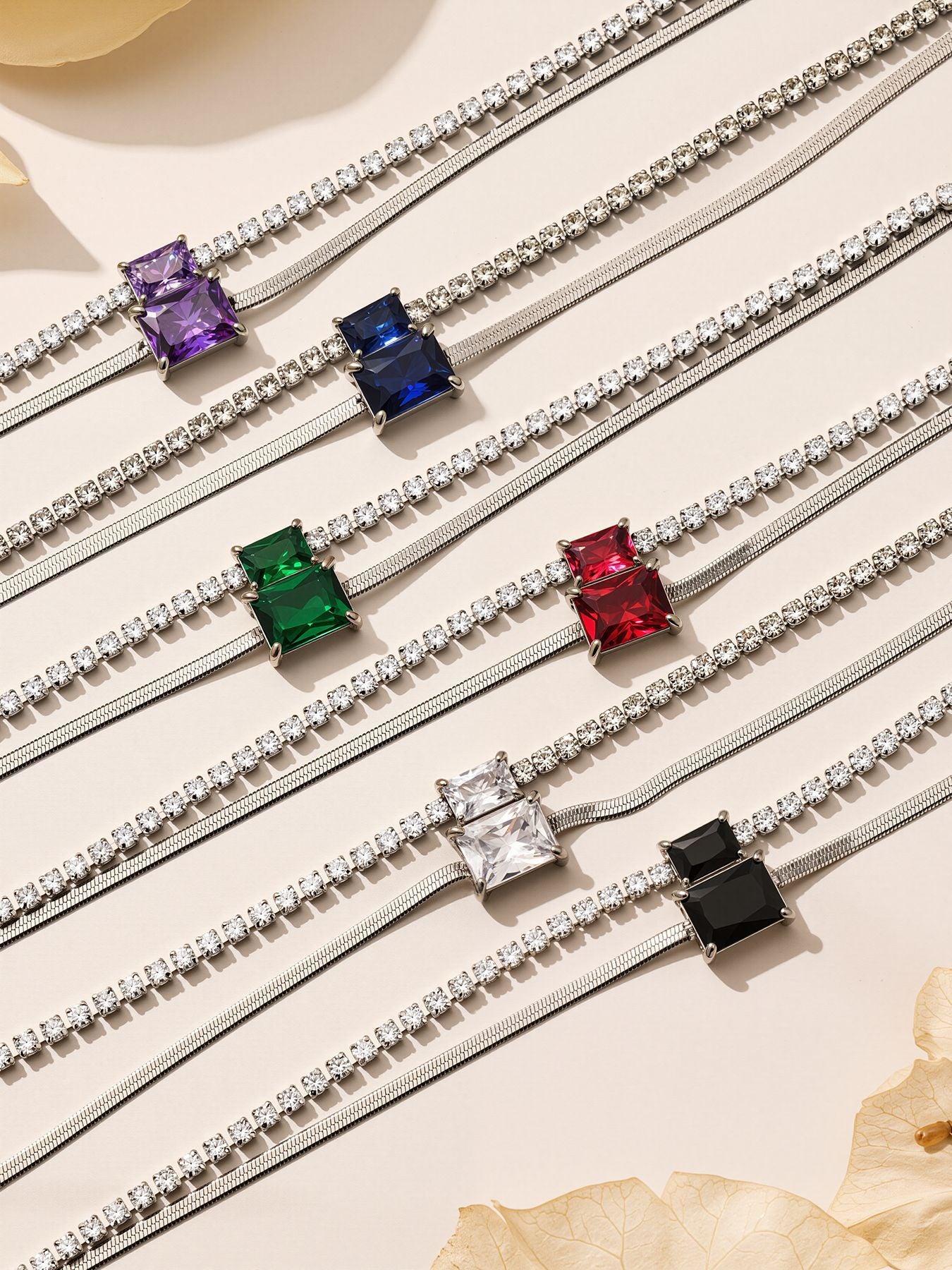 316L Stainless Steel Colorful 2mm Zircon Double Layer Blade Chain Bracelet - Image 6