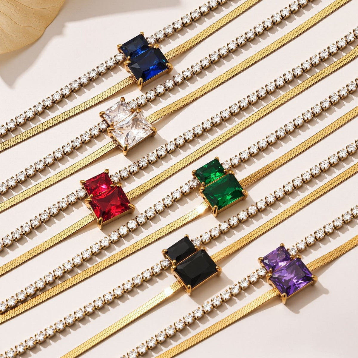 316L Stainless Steel Colorful 2mm Zircon Double Layer Blade Chain Bracelet - Image 7