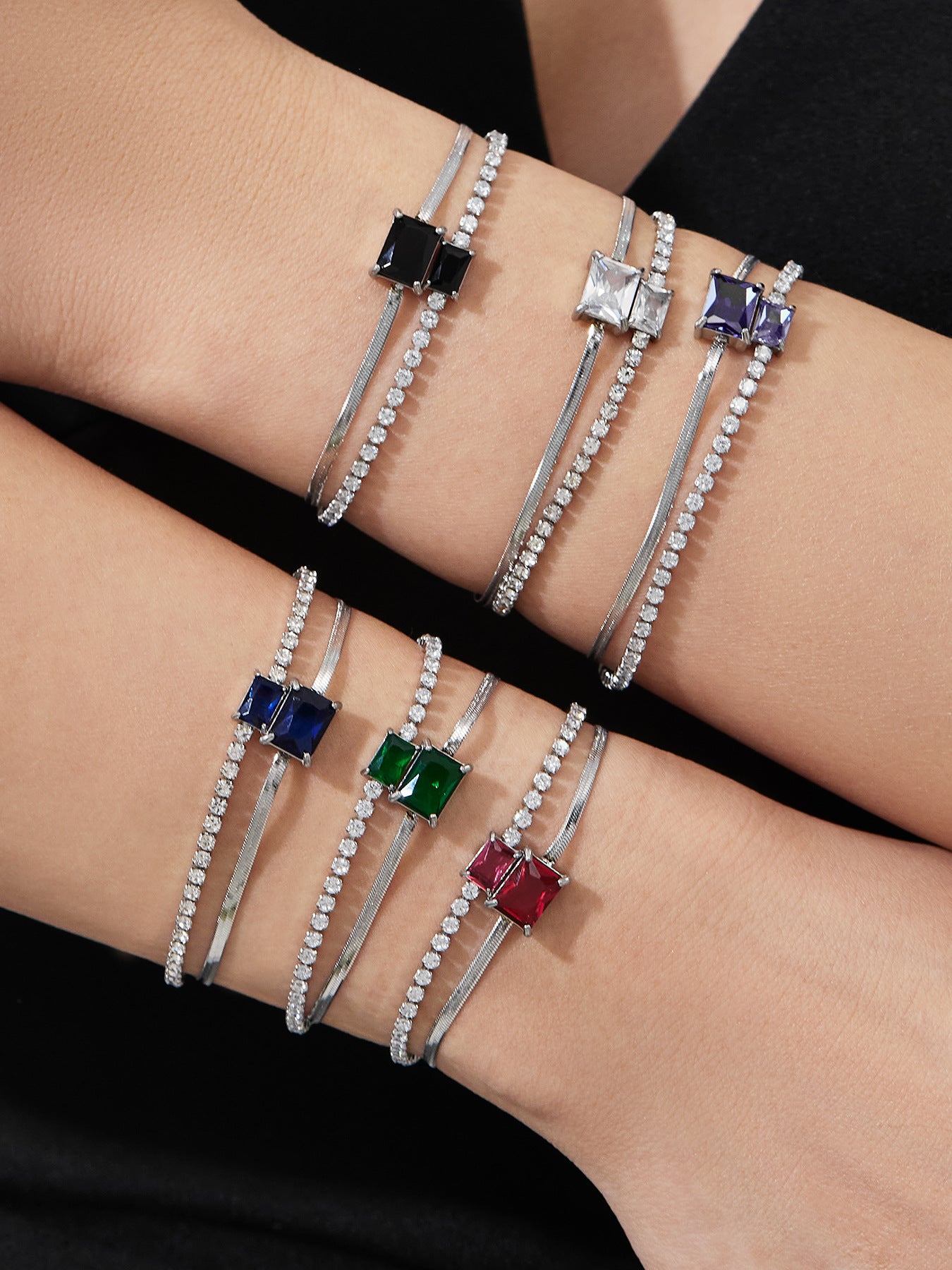 316L Stainless Steel Colorful 2mm Zircon Double Layer Blade Chain Bracelet - Image 9