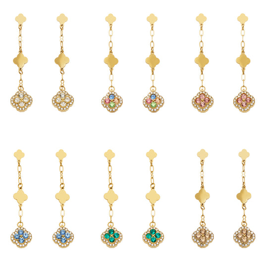 316L stainless steel clover drop earrings collection in gold, steel and colorful crystal styles