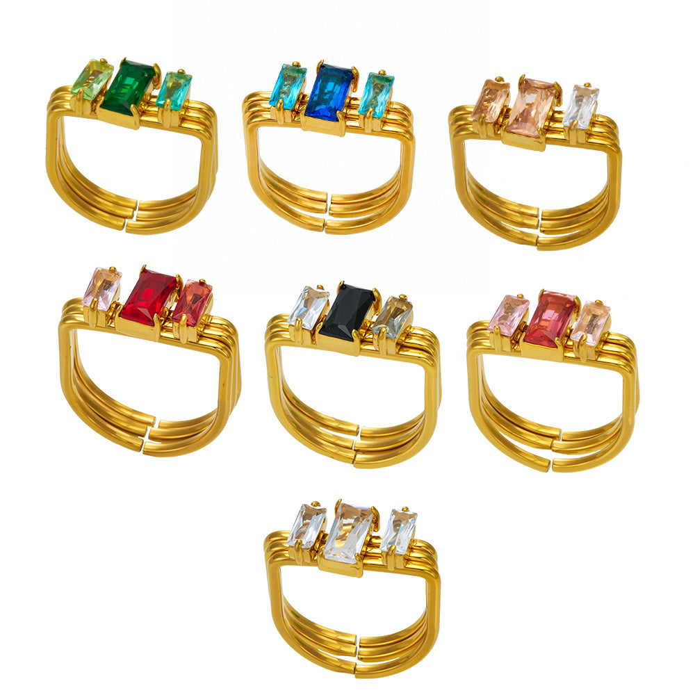 Collection of colorful emerald-cut CZ multi-band rings in 316L stainless steel with 18K PVD gold finish