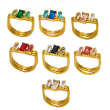 Collection of colorful emerald-cut CZ multi-band rings in 316L stainless steel with 18K PVD gold finish