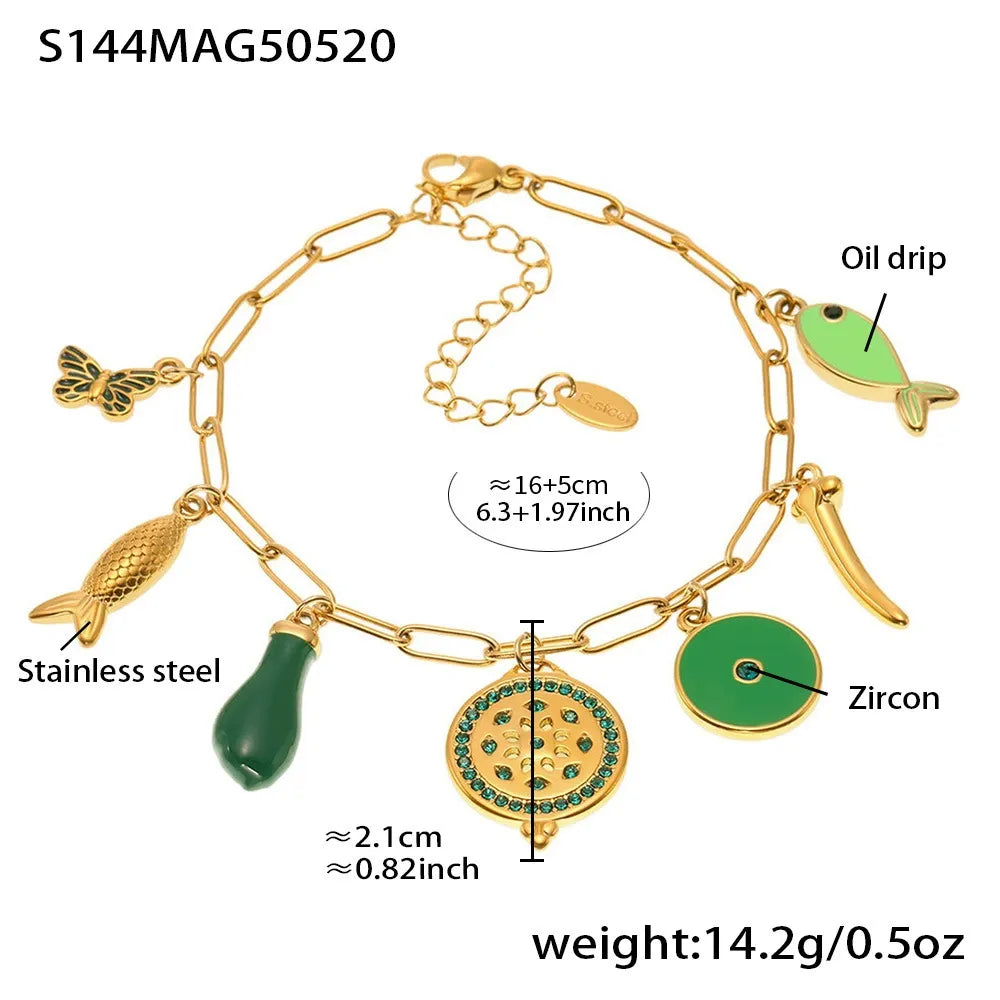 Green and gold enamel charm bracelet and anklet ready-stock wholesale