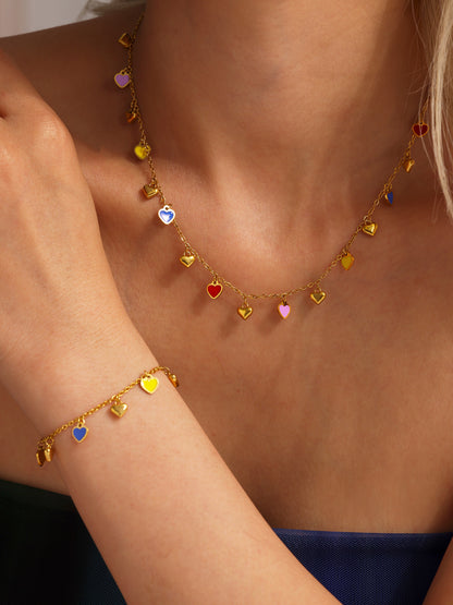 316L Stainless Steel Colorful Enamel Heart Pendant Necklace and Bracelet Set - Image 1