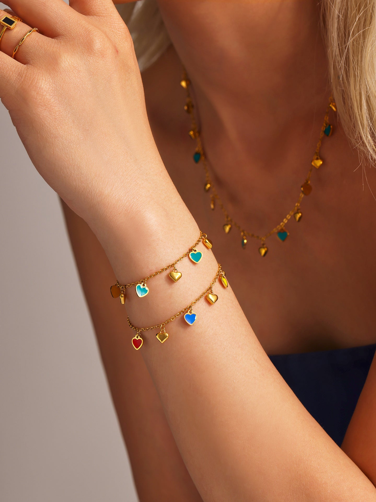 316L Stainless Steel Colorful Enamel Heart Pendant Necklace and Bracelet Set - Image 11