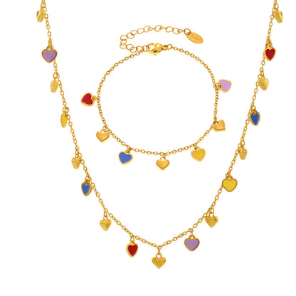 316L Stainless Steel Colorful Enamel Heart Pendant Necklace and Bracelet Set - Image 15
