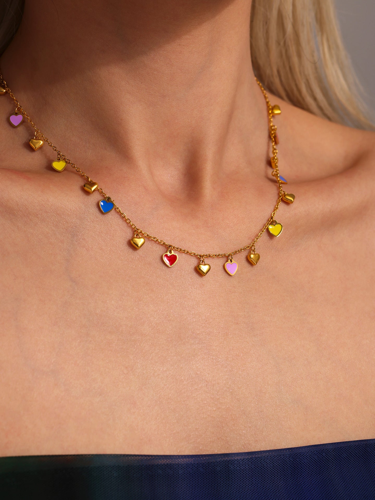 316L Stainless Steel Colorful Enamel Heart Pendant Necklace and Bracelet Set - Image 7