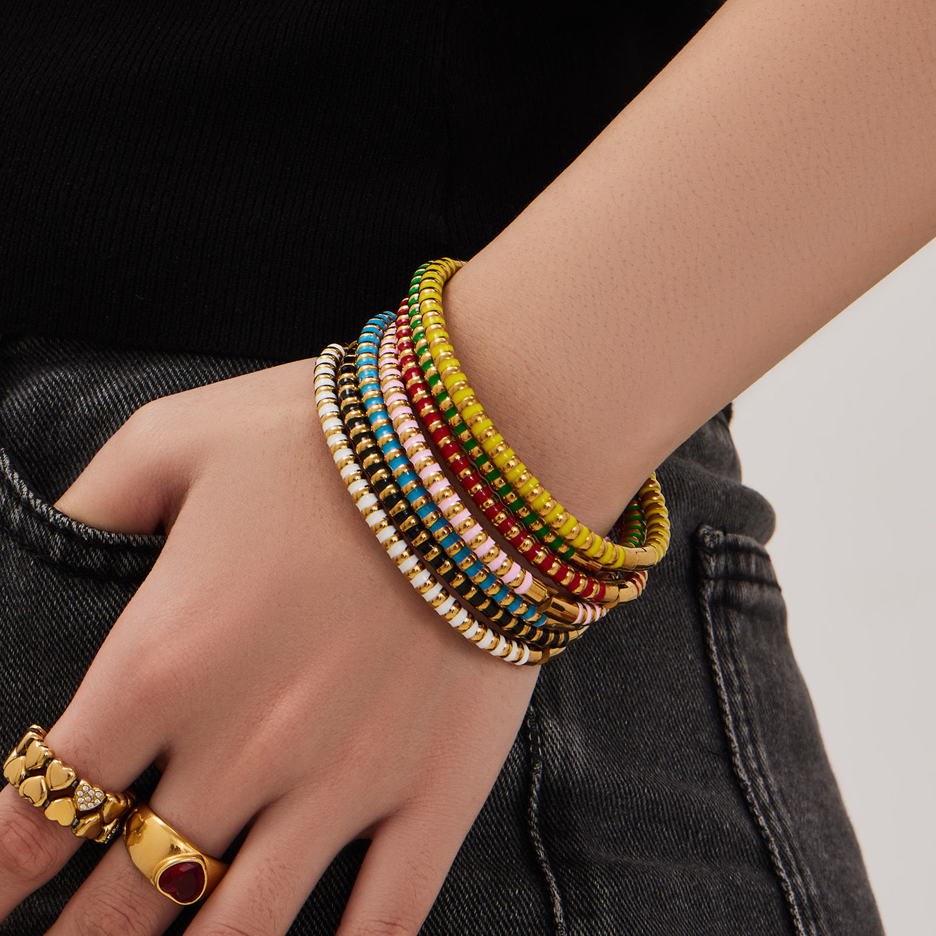 316L Stainless Steel Colorful Enamel Zircon Geometric Stackable Bracelets - Image 7