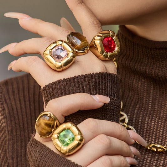 316L Stainless Steel Colorful Glass Tiger Eye Ring, 18K Gold Plated Vintage Inspired Design -  Sensitive Skin Friendly - Detail 16