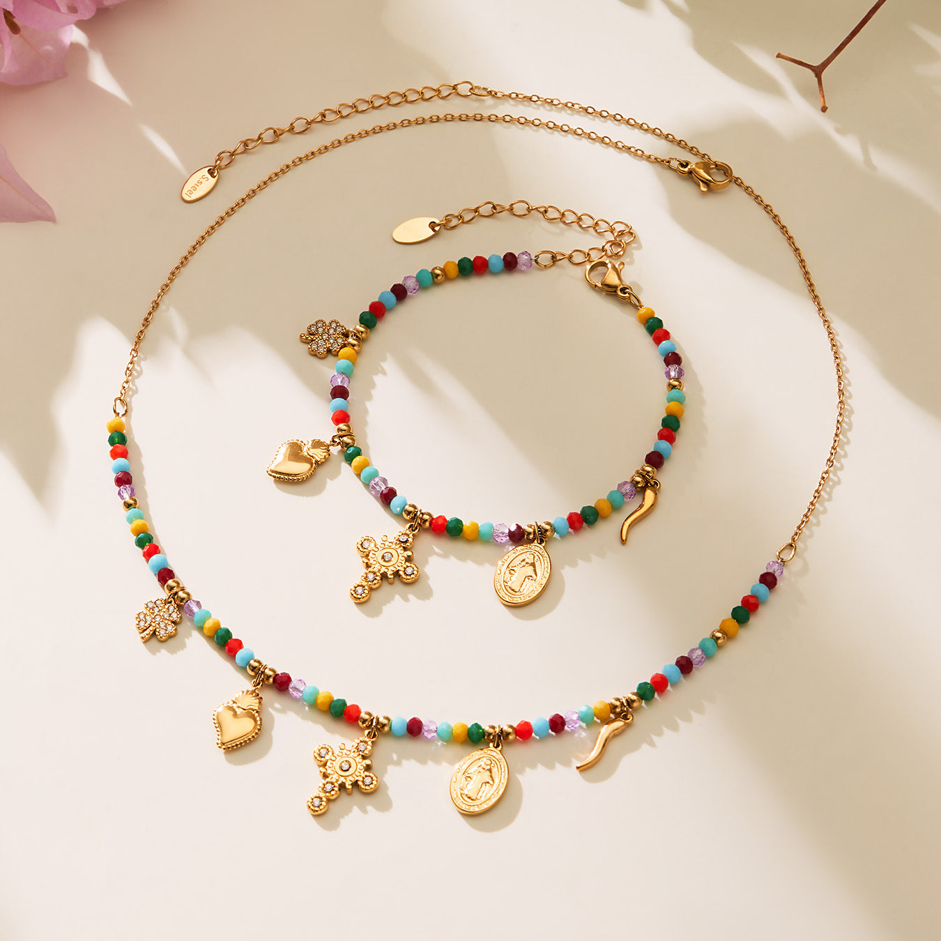 316L Stainless Steel Colorful Natural Stone Beaded Charm Bracelet & Necklace - Image 2