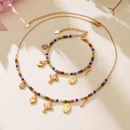 316L Stainless Steel Colorful Natural Stone Beaded Charm Bracelet & Necklace - Image 2