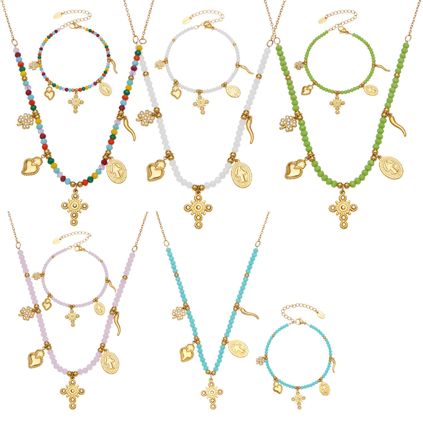 316L Stainless Steel Colorful Natural Stone Beaded Charm Bracelet & Necklace - Image 5