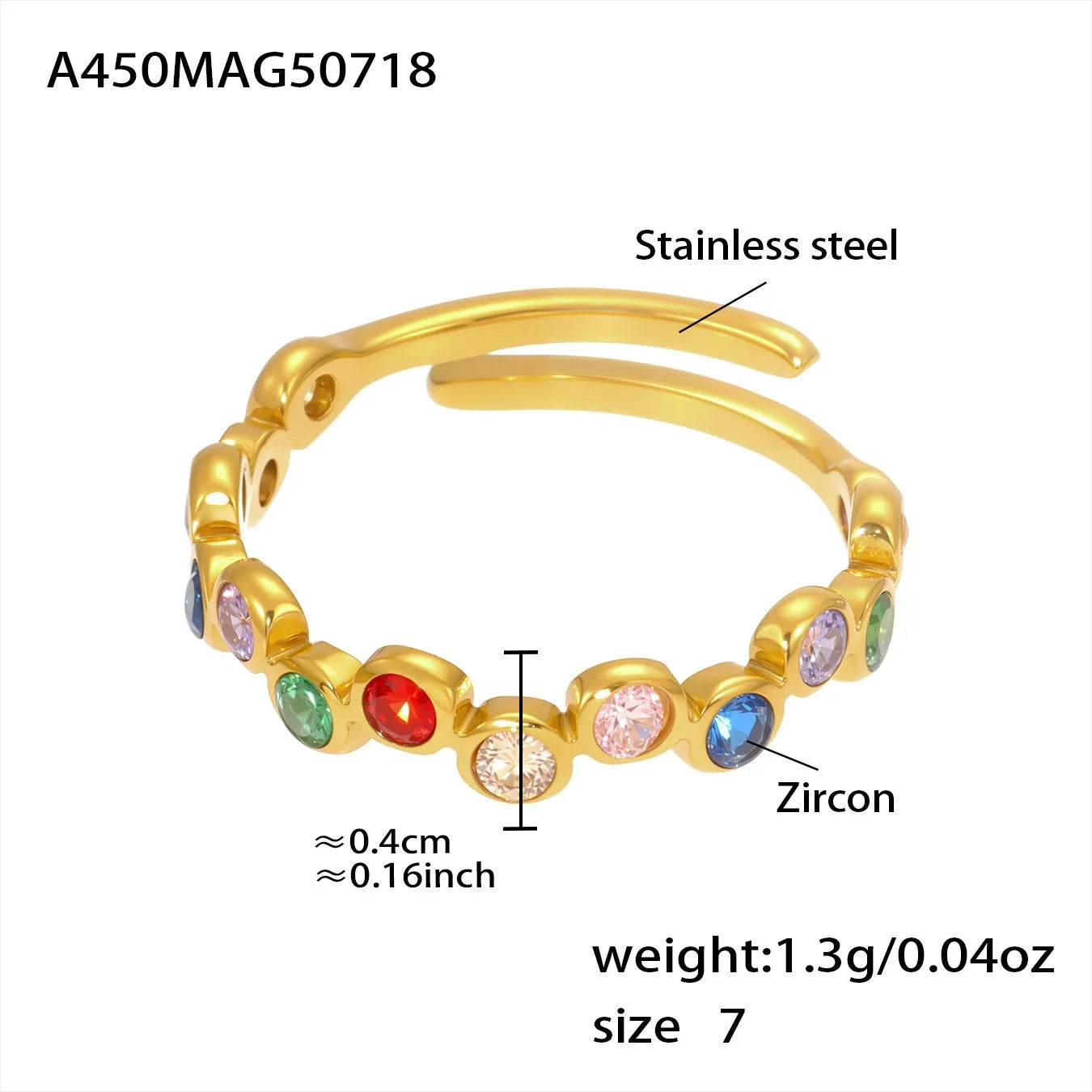 316L Stainless Steel Colorful Zircon Adjustable Ring - Image 8