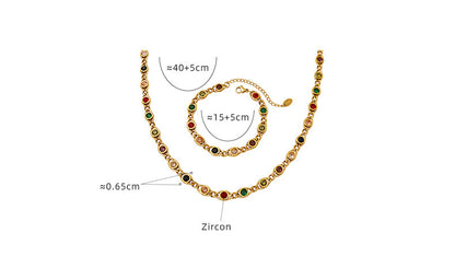 316L Stainless Steel Colorful Zircon Interlocking Chain Small Fisheye Design Necklace & Bracelet Set - Image 1
