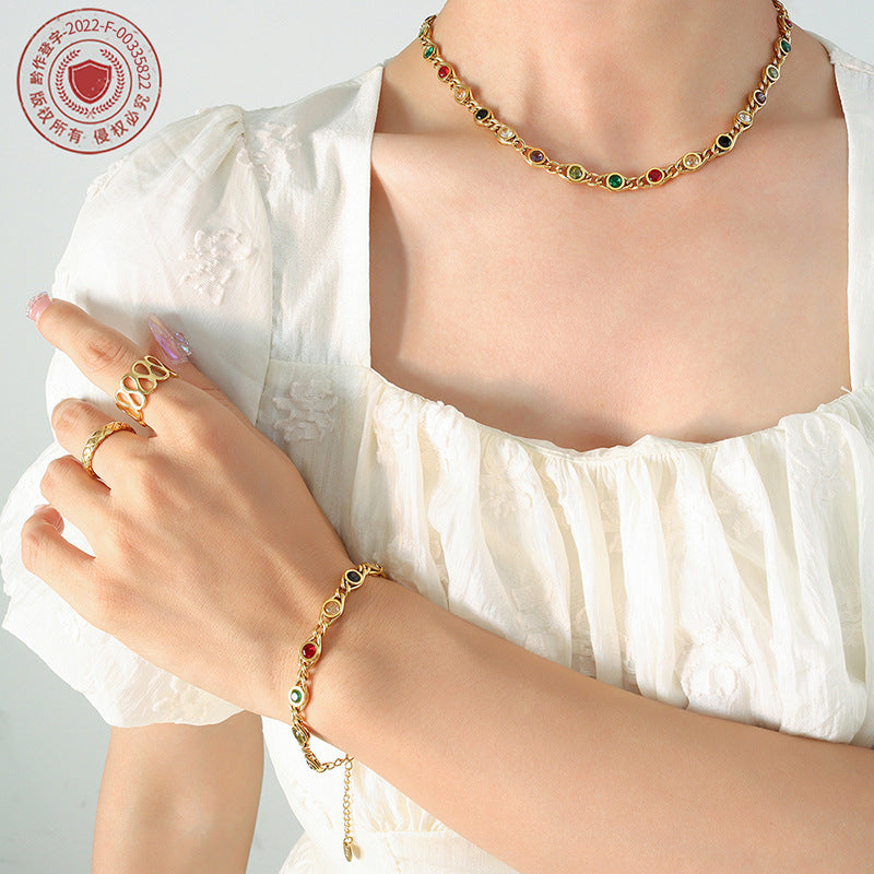 316L Stainless Steel Colorful Zircon Interlocking Chain Small Fisheye Design Necklace & Bracelet Set - Image 4