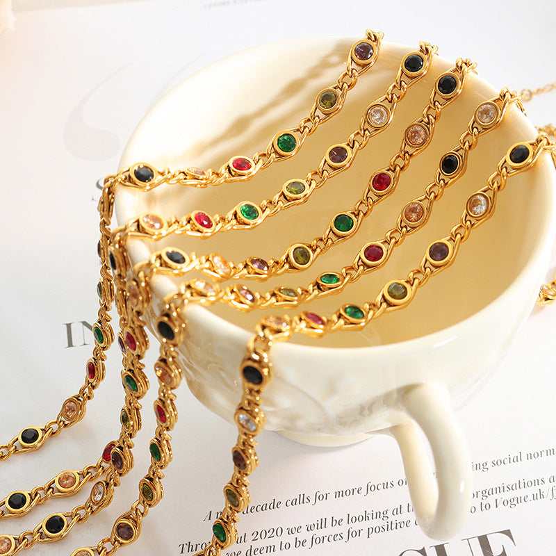 316L Stainless Steel Colorful Zircon Interlocking Chain Small Fisheye Design Necklace & Bracelet Set - Image 5