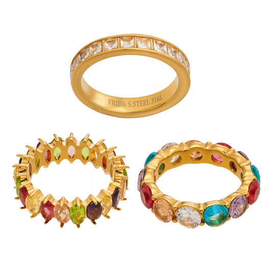 Wholesale 316L stainless steel ring with colorful 5A zircon stones and 18K gold plated finish